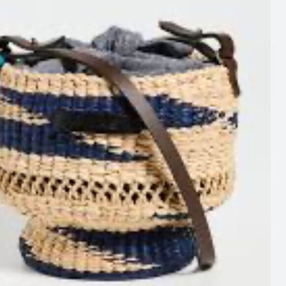 Love AAKS Baw Pot Wavy Crossbody Ratan Leather Natural & Navy Straw Liner - Picture 6 of 9